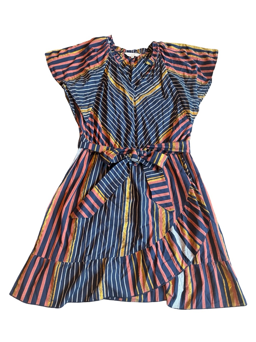 Ranna Gill Sibyl Shimmer Mini Dress Stripe Print Belt Flattering Fit Size XL